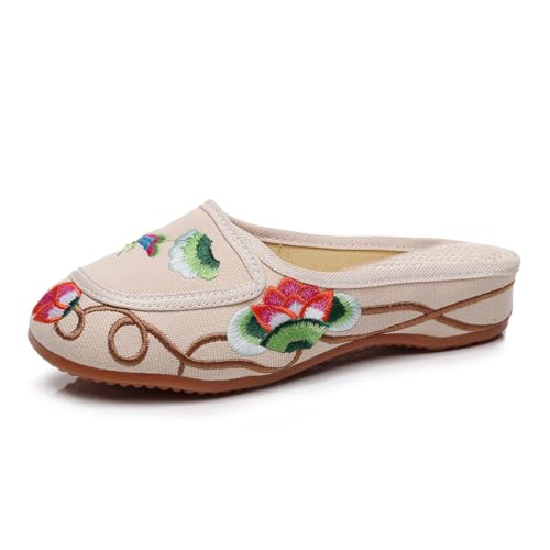 Women's Floral Embroidered Backless Flats Mules Comfortable Flats Round Toe Loafers Chinese Style Canvas Casual Slippers
