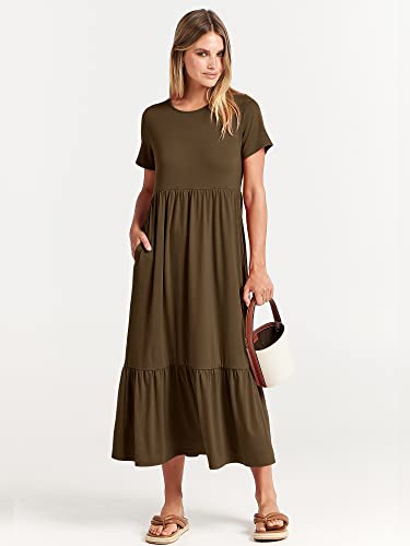 Image of ANRABESS Womens 2026 Summer Casual Maxi Dress A line Tiered Flowy Short Sleeve Crewneck T Shirt Beach Travel Long Dresses