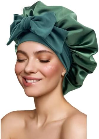 Satin Silk Hair Bonnet for Sleeping - Large Bonnets With Tie Band, Adjustable Straps, Night Sleep Cap for Women With Curly Braid Hair - Hunter Green