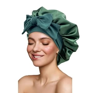 Satin Silk Hair Bonnet for Sleeping Large Bonnets with Tie Band Hair Wrap with Adjustable Straps Hair Cap Night Sleep Caps for Women Curly Braid Hair Hunter Green