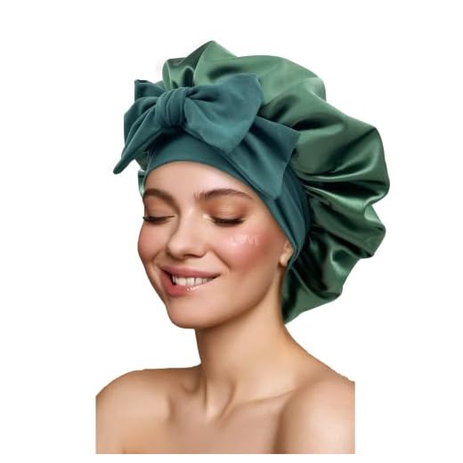 Satin Bonnet Silk Bonnet Hair Bonnet for Sleeping Large Bonnets with Tie Band Hair Wrap with Adjustable Straps Hair Cap Night Sleep Caps for Women Curly Braid Hair Hunter Green