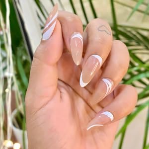 Image of 24 Pcs Reusable Artificial Nails Fake Nails with Glue and Kit (Modern French, Nude)