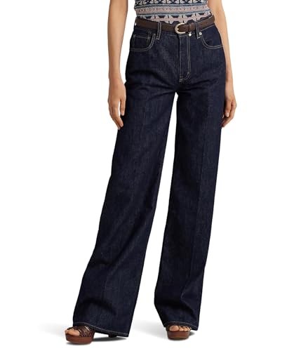 LAUREN Ralph Lauren Women's Mid-Rise Wide Leg Jeans in Deep Rinse Wash Size: 14 Inseam: 28