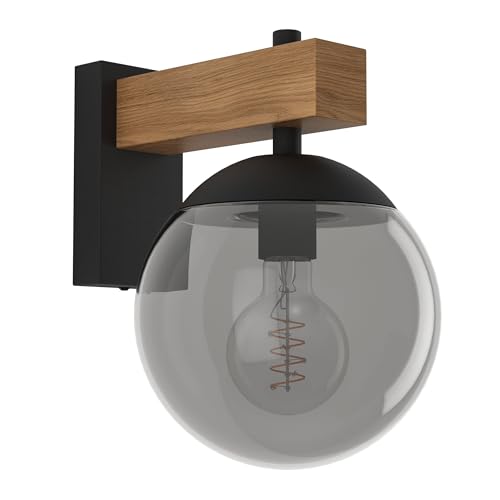 EGLO Wandlampe außen Bufalata, Außenbeleuchtung Hauswand, Außenwandleuchte aus Metall in Schwarz und Holz-Optik, Kugel aus Kunststoff in...