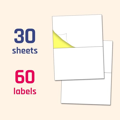 30 Sheets - Half Sheet Shipping Labels, Printable Sticker Paper, for Laser & Inkjet Printers - 2 per Sheet, 60 Pieces