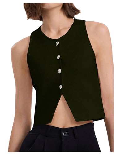 Image of SHENHE Women's Knit Vest Top Button Up Sleeveless Crew Neck Cropped Sweater Vest Tank Dark Green Medium