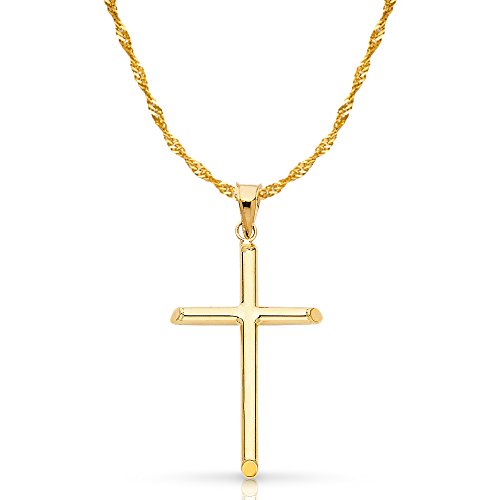 14K Yellow Gold Classic Cross Pendant with 1.2mm Singapore Chain Necklace