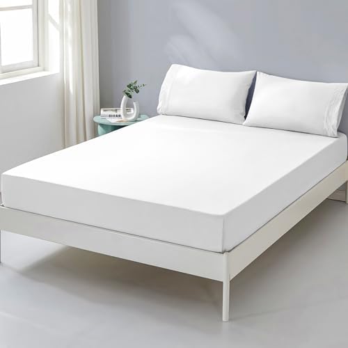 Fitted Sheet with Pillow Cases, 100% Brushed Microfibre Deep Pocket Fitted Bottom Sheet, Ultra Soft, Shrinkage and Fade Resistant, Twin Size, White