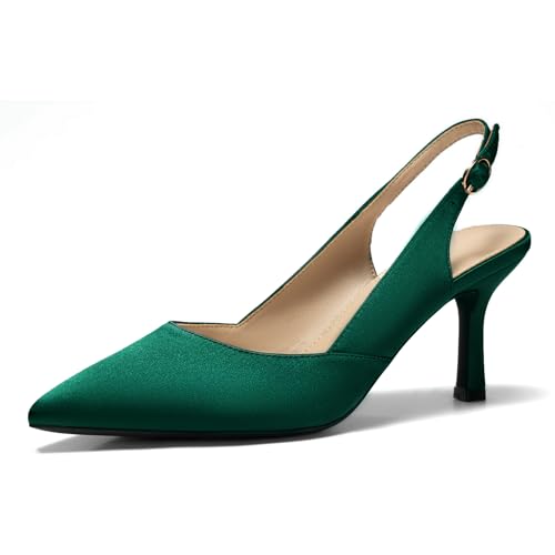 GotSoft Womens Slingback Kitten Heels Closed Pointed Toe Pumps Wedding Party Dress Shoes Satin Green Size 8