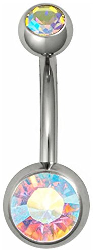 Forbidden Body Jewelry Belly Button Rings Double Crystal CZ Aurora Borealis Belly Ring Surgical Steel 14G