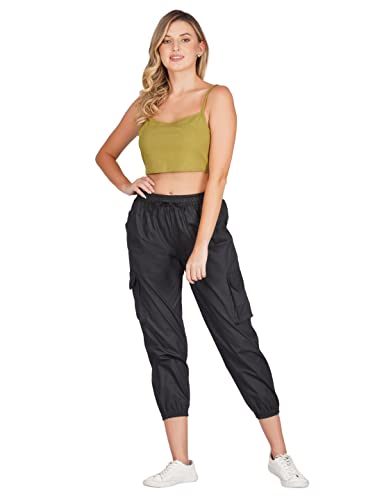 Image of fabcoast Multi-Pocket Cargo Cotton Poplin Jogger Pants for Women Summer Wear Full Elastic with Drawstring and 2 Side Pockets, 2 Back Pockets and 2 Leg Pockets
