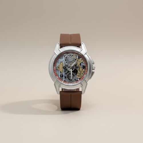 Image of Shree Ram Skeleton Watch, Ayodhya Mandir Theme, Mechanical Look Quartz, Stainless Steel Metal Bracelet, Round Dial with Deity Engraving for Man and Boyes