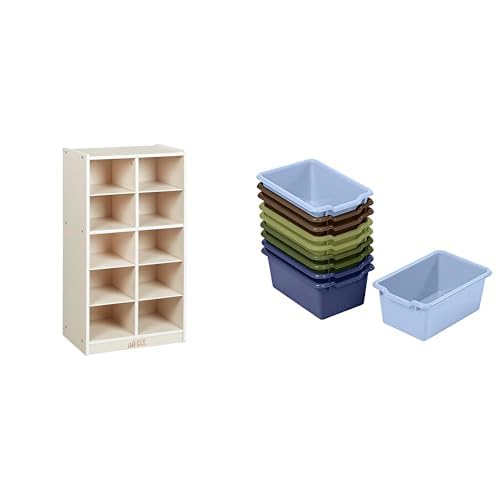 ECR4Kids 10 Cubby Tray Cabinet with Scoop Front Storage Bins, 5x2, White Wash, Classroom Furniture, Earthtone