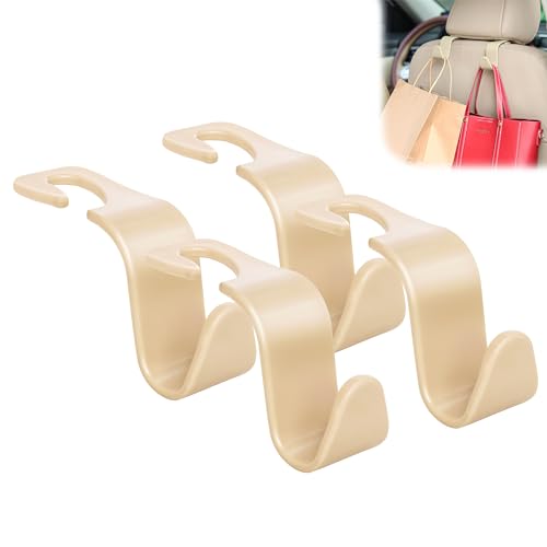 Image of Amooca Universal Multifunctional Car Vehicle Headrest Hook, Organizer Hanger Storage Hook for Bag Purse Cloth Grocery (Beige Set of 4)