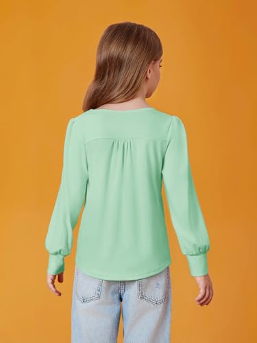 Image of Haloumoning Girls Puff Long Sleeve Shirts Fall Tops 5-14Y | Casual,Solid Color,Crewneck, Soft, Tunic Tops Blouse,Kids Long Sleeve T Shirt,,Fashion Clothes