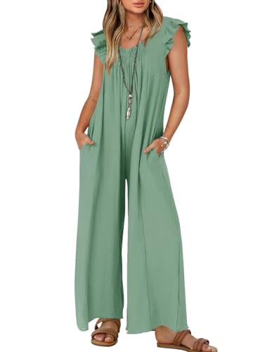 ZESICA Women's Summer Loose Jumpsuit Casual V Neck Sleeveless Oversized Wide Leg Pant Overalls Romper with Pockets,Green,Large