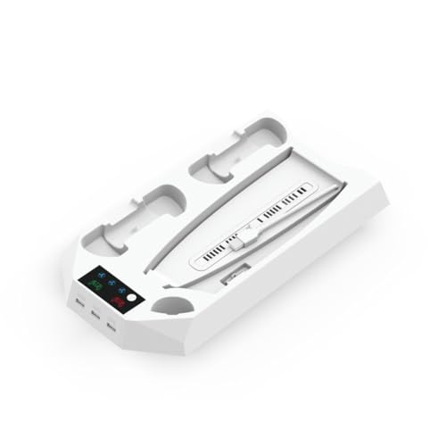 FUANA Estación de carga de ventilador de refrigeración PS5 con cargador de controlador dual y 3 concentradores USB, soporte para auriculares, 21 x 38 x 4 cm, cable negro para auriculares
