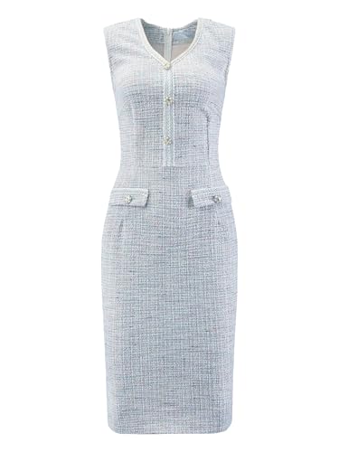 Women's Tweed Dress Sleeveless V Neck Elegant Work Bodycon Pencil Dresses
