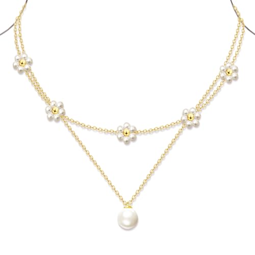 OGD Layered Gold Pearl Necklaces 14K Gold Plated Dainty Layered Single Simple Pearl Choker Chain Cute Daisy Pearls Choker Necklace Set Flower Necklaces for Women Trendy Jewelry Gifts