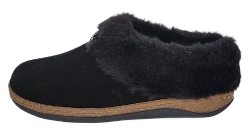 Clarks Womens Slipper Suede Leather Plain Toe - Plush Faux Fur Collar/Lined With A Cork Midsole - Open Back Indoor Outdoor House Slippers For Women (Black US 93