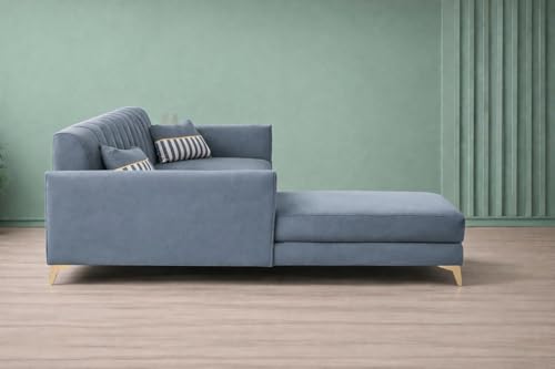 Image of Adorn India Premium Luster 6 Seater L Shape Sofa Set | Velvet Suede Fabric | 3-Year Warranty | LHS |Color Grey with Golden Legs & Striped Pattern Cushion