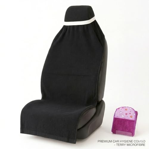 Image of Car Seat Cover, Towel Fabric, Elastic Fitting, Front Seat, Universal Fit for All Models, Pack of 2 (Black)