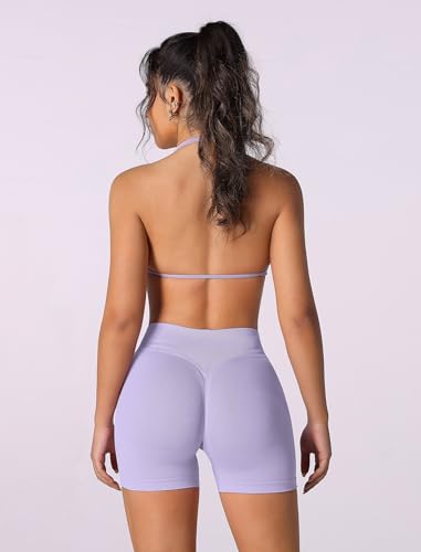 Image of ABOCIW Womens Seamless Workout Sets 2 Piece Strappy Halter Sports Bra Scrunch Butt Shorts Gym Yoga Outfits