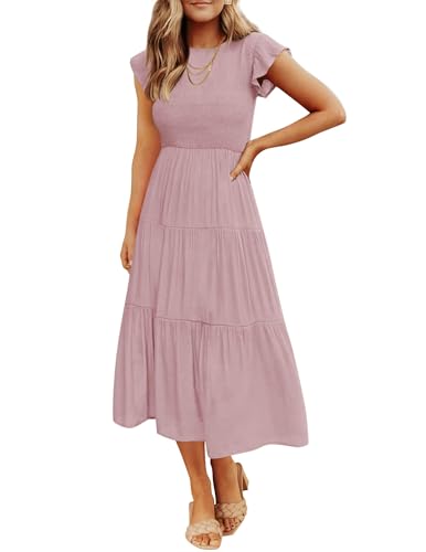 Image of ZESICA Women's 2026 Summer Casual Flutter Short Sleeve Smocked Midi Dress