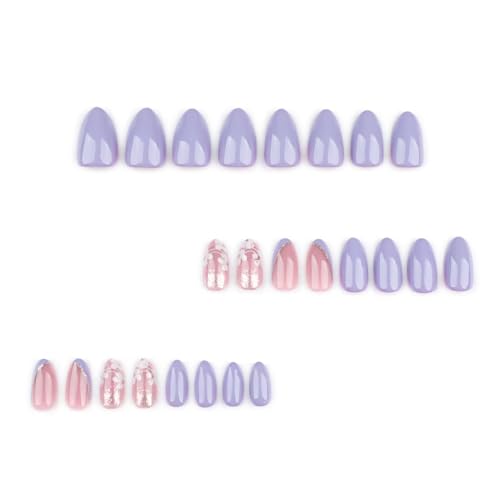 Image of Floral Press on Nails Lilac Purple Fake Nails Gold Foil Glue on Nails Spring Nails Short Almond False Nails with Design Glossy Reusable Acrylic Full Cover Stick on Nails for Women Manicure 24Pcs