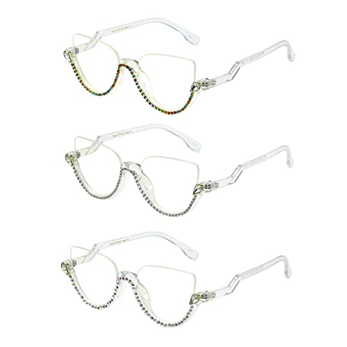 Melrose Women's Half Frame Diamond Rhinestone Reading Glasses Fashion Bling Rhinestone Reading Glasses (Color+Ab+White, 3, Multiplier_X) #TOP23