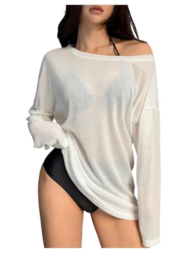 Women's Off Shoulder Swimsuit Coverup See Through Long Sleeve Bathing Suit Cover Up Beachwear