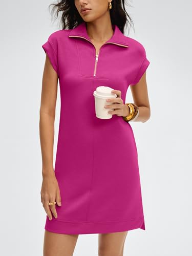 Image of ANRABESS Womens Summer Casual Half Zip Cap Sleeve Trendy Wrinkle-Free Tshirt Dress 2026 Spring Beach Vacation Short Dresses