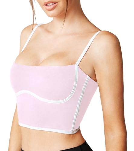 Image of Sleeveless Spaghetti Strap Padded Sports Bra Tank Tops Square Neck Double Layer Workout Fitness Basic Crop Tops
