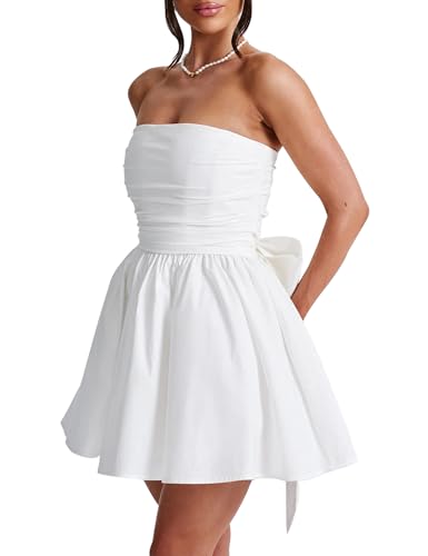 LuFeng Women's Strapless Mini Dress Ruched Sleeveless Off Shoulder A-Line Pleated Short Dress with Oversized Bow - Image 3