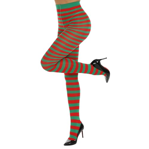 Image of MANZI Striped Tights for Women Footed Stretchy Opaque Pantyhose for Halloween Xmas 2 Pairs
