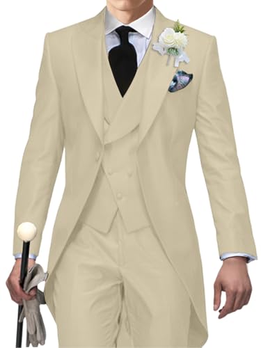 Men's Tailcoat Suit,Mens Tuxedo 3 Piece Slim Fit Suits Double Breasted for Men Summer Wedding,Proms,Concert,Khaki,L