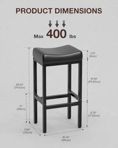 Image of Bar Stools Set of 2-29 Inch Counter Height Chairs for Kitchen Island, Leather Seat with 400 LBS Heavy-Duty Metal Frame and Adjustable Feet, Easy to Assemble for Bar, Cafe or Dining Room,Black