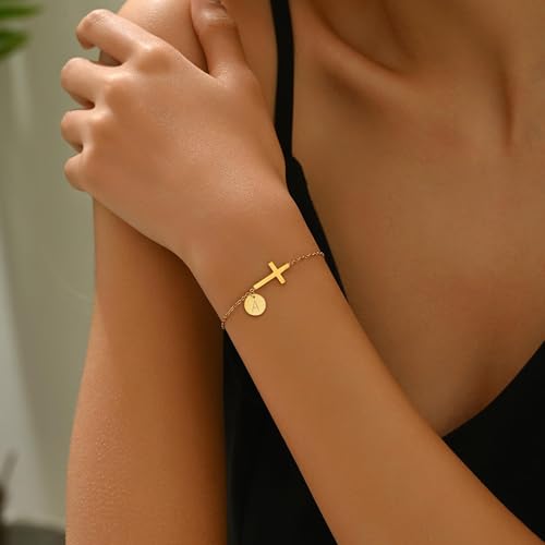 BAYLAY Cross Bracelet for Women Girls, 14K Gold Plated Letter Initial Bracelets Dainty Gold Bracelet Easter Christian Religious Baptism Gifts for Teen Girls Gifts Trendy Stuff Gold Jewelry for Women4