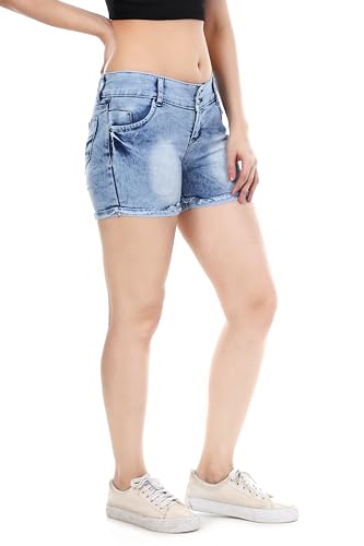Image of Women's Stretchable Denim Shorts | Relaxed Fit | Low Rise | Frayed Hem | Casual Summer Wear