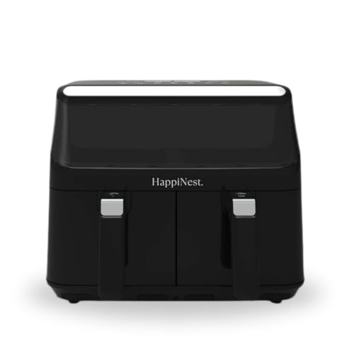 HappiNest 8L Smart Double Air Fryer – Low Wattage, Dual Basket Air Fryer with Touch Screen & Manual Control, Non-Toxic, Black Stainless Steel Portable Multi Cooker for Healthy Cooking