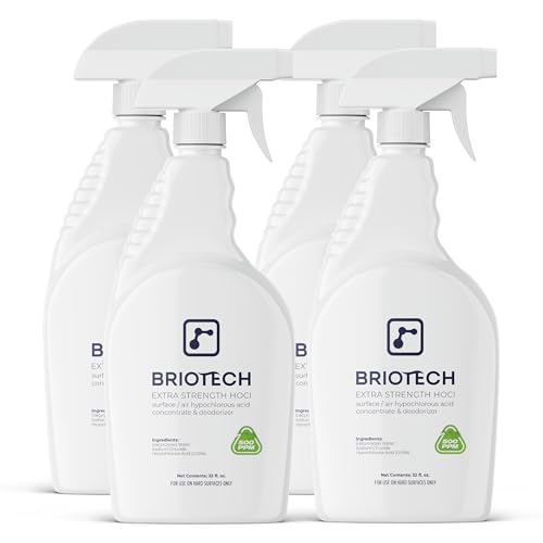 BRIOTECH Extra Strength HOCl Cleaner, 500 PPM Hypochlorous Acid Concentrate, ULV Foggers & Humidifiers, Professional Deodorizer for Dental, Offices, Schools, Homes, Peroxide Free, 32 fl oz (4 Pack)