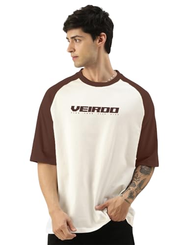 Image of Veirdo 100% Pure Cotton Oversized Loose Baggy Fit Drop Shoulder Round Neck Cool Front Chest Typographic Logo Printed Raglan Sleeve T-Shirt for Men (Colors: White, Black, Swanwhite, Beige & Grey)