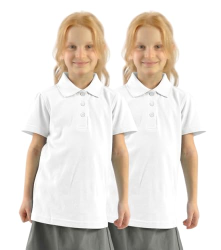 GW CLASSY OUTFIT 2 polos para niñas (paquete de 2) camisetas de manga corta para uniforme escolar para niñas, polos blancos para niños, camisetas escolares de polietileno para 4-12 años, 2 blancas,
