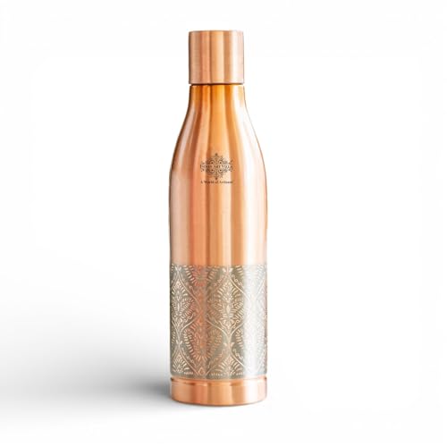 Image of INDIAN ART VILLA Pure Copper Water Bottle, Half Embossed Lacquer Coated Bottle for Drinking Water, Ayurvedic Health Benefits, Leak Proof Bottle for Home, Office, Travel & Gifting, 1150 ML