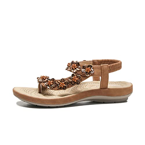 ls Woman ls PU Elastic Band 2CM Flat Toe Round Toe Chain Pearl Shallow Flowers Low Heels Shoes Women Shoes Size Bohemia (Color : Yellow Size : 10) (Yellow 6)