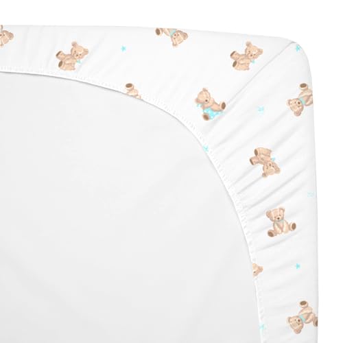 Image of American Baby Company 2 Pack 100% Natural Cotton Fitted Pack and Play Sheets 39 inch x 27 inch - Soft & Breathable Pack N Play Sheets for Playard & Mini Crib Mattress, Bear and White, for Boys & Girls