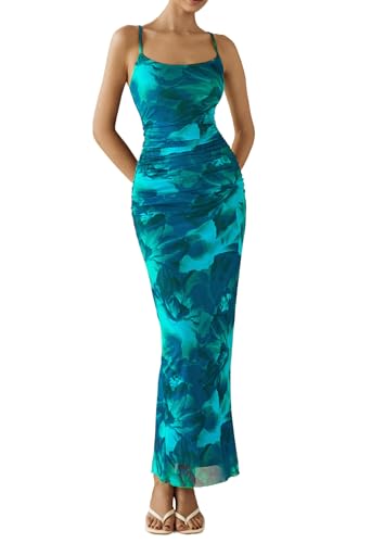 PRETTYGARDEN Summer Wedding Guest Dresses for Women 2025 Spaghetti Strap Mesh Bodycon Beach Floral Maxi Long Dresses