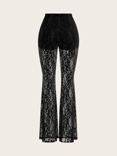 GORGLITTER Women's Lace Bell Bottom Pants Mesh Flare Leg High Waisted Sheer Sexy Goth Leggings Trousers2