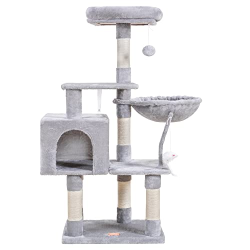 Image of Heybly Cat Tree with Toy, 43.3 inch Cat Tower for Indoor Cats HCT004W | Cat Condo with Durable Sisal Scratching Posts, Cat House with Padded Plush Perch, Cozy Hammock, Light Gray