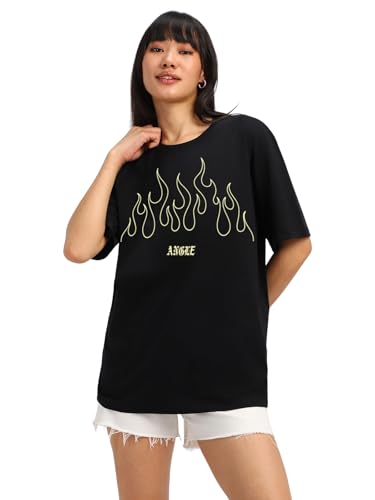 Image of JUNEBERRY Women's Casual Pure Cotton Black Printed Round Neck, Longline Drop Shoulder Loose Oversized T-Shirt |Oversized Tshirt for Women /Girl (Color: Black Available in Various Designs)